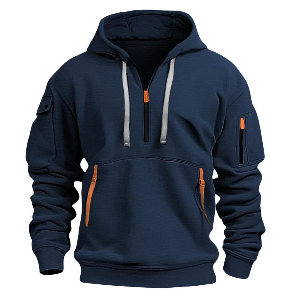Donkerblauwe herenhoodie met capuchon, oranje ritsen en zakken, comfortabele pasvorm, modieuze streetwear, ideaal voor casual en sportieve looks.