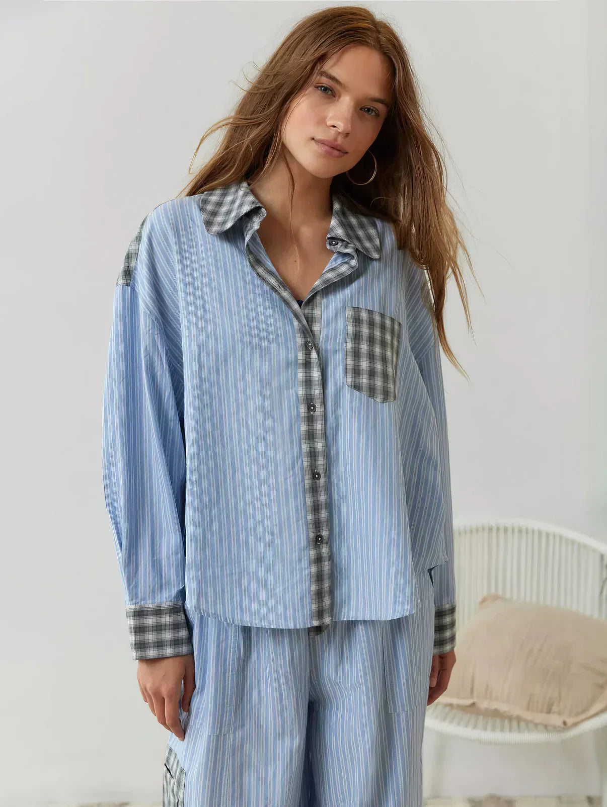 Dames Geruite Lounge Pyjama Set | Lange Mouwen Knoopsluiting