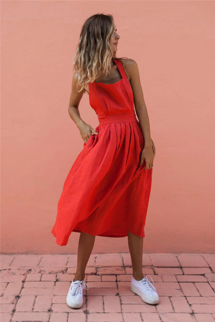 Abito estivo elegante a linea A da donna con pieghe | Maxi