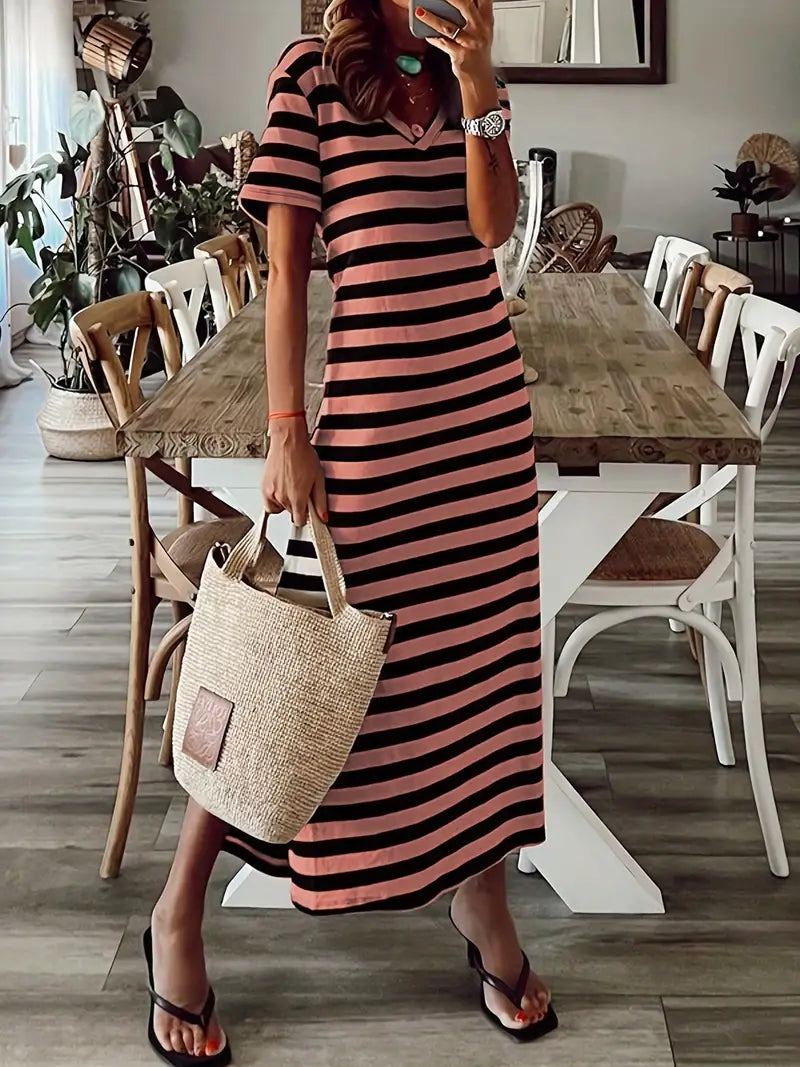 Dames Gestreepte zomerjurk met V-hals | Maxi