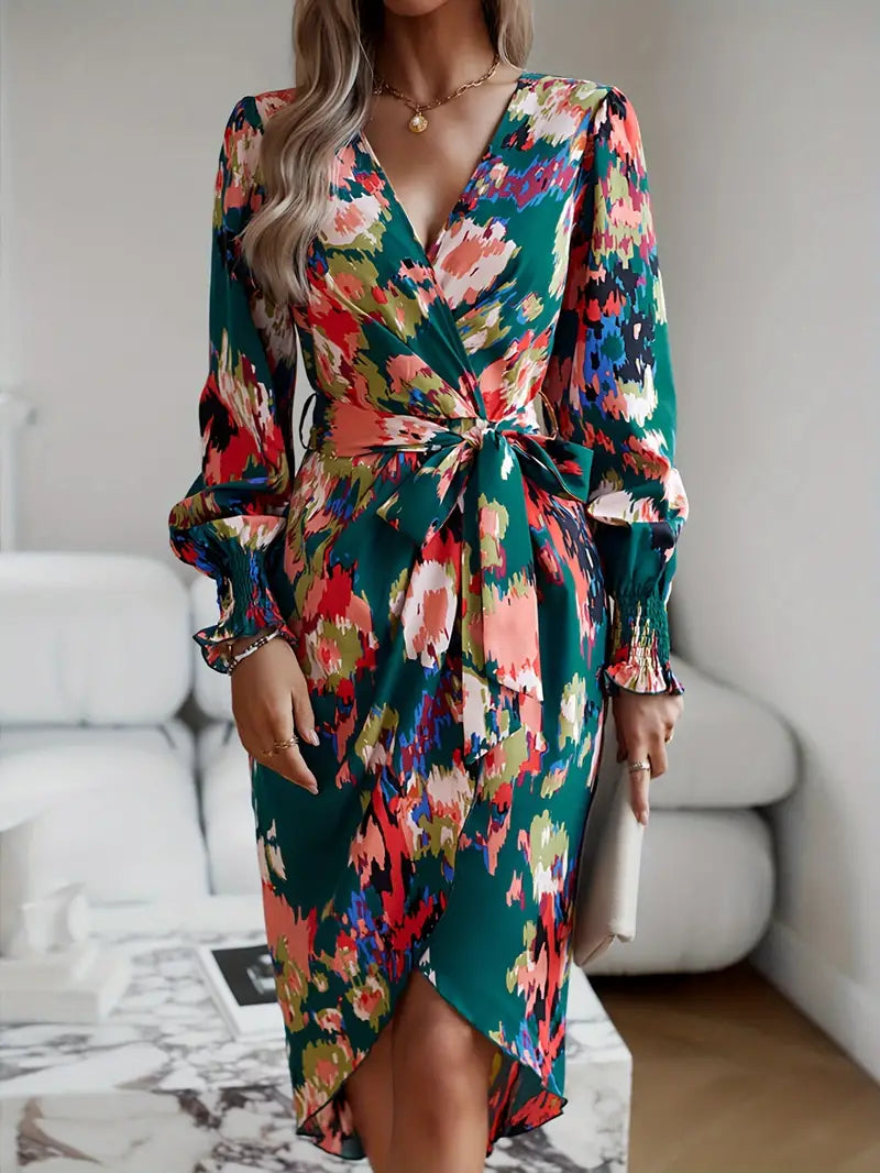 Abito midi elegante da donna con stampa floreale e incrocio