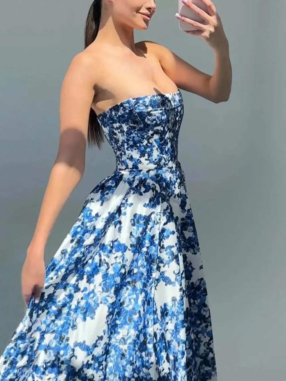 Dames Strapless Bloemenprint Bruiloftgast Zomerjurk | Maxi