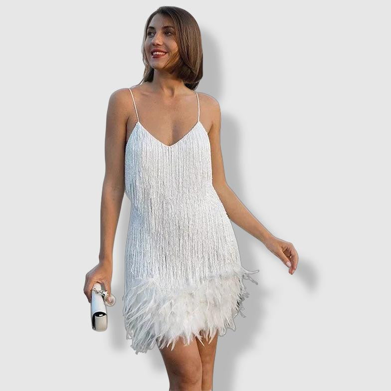 Dames Glanzende Veer Cocktailjurk | Mini