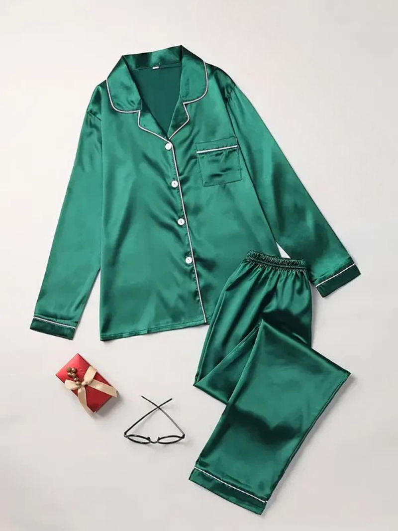 Dames luxe satijnen pyjama set | Lange mouwen knoopsluiting