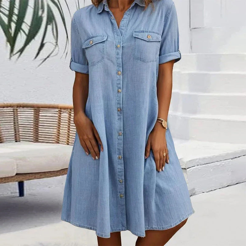 Luisa | Dames vintage jurk | Korte mouwen met kraag, effen, Midi