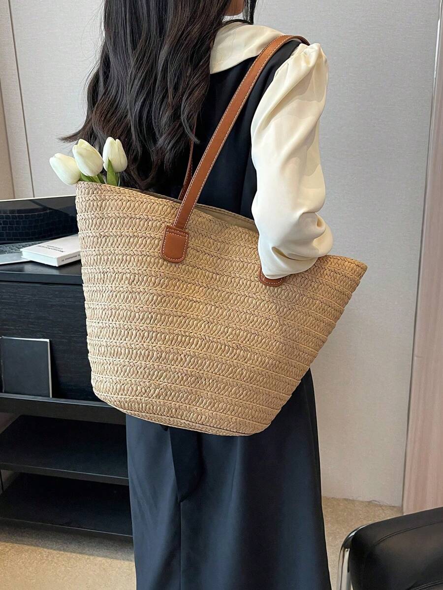 Dames Moderne Zomer Rieten Tas | Groot, Met Leren Hengsels