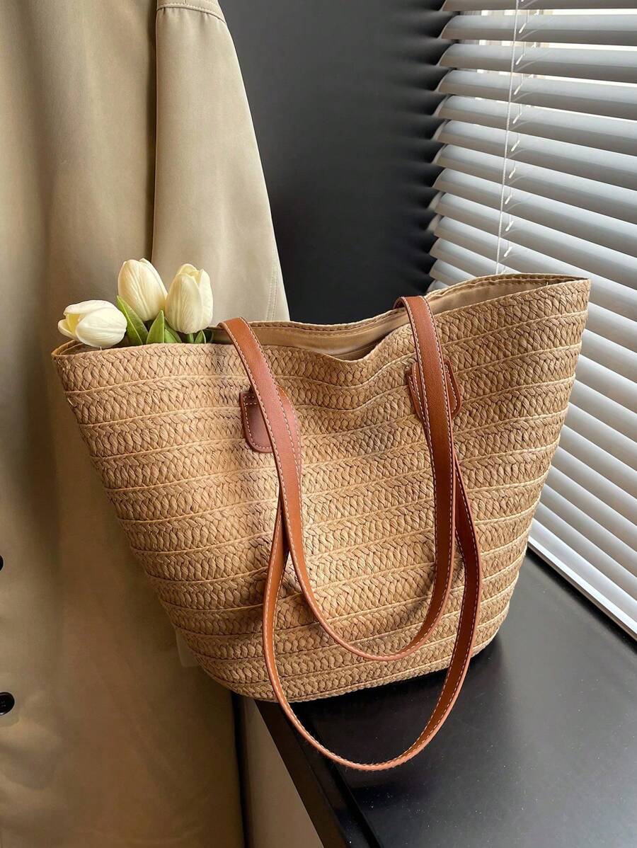 Dames Moderne Zomer Rieten Tas | Groot, Met Leren Hengsels