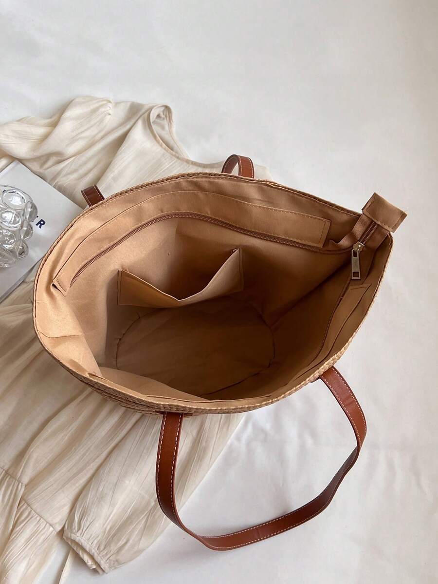 Dames Moderne Zomer Rieten Tas | Groot, Met Leren Hengsels