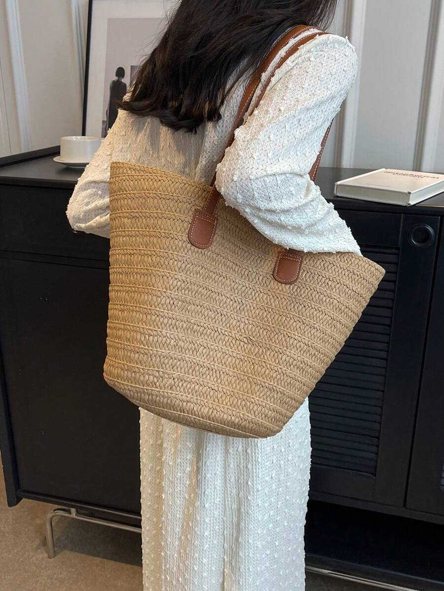 Dames Moderne Zomer Rieten Tas | Groot, Met Leren Hengsels