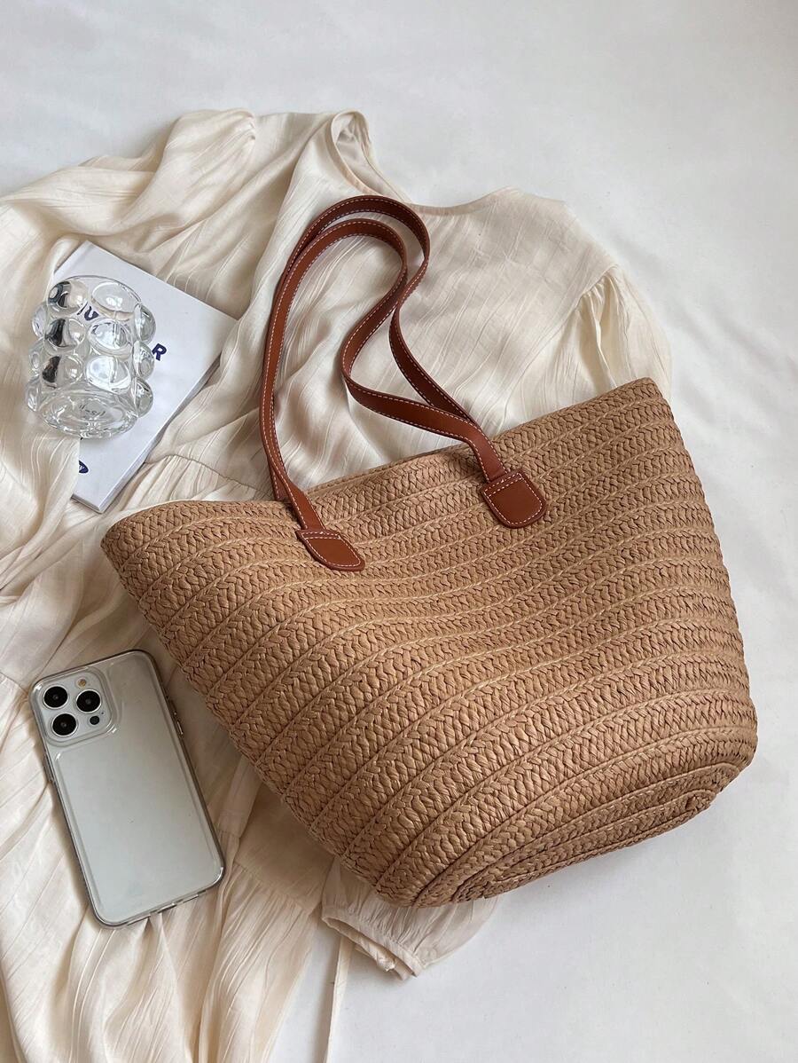 Dames Moderne Zomer Rieten Tas | Groot, Met Leren Hengsels