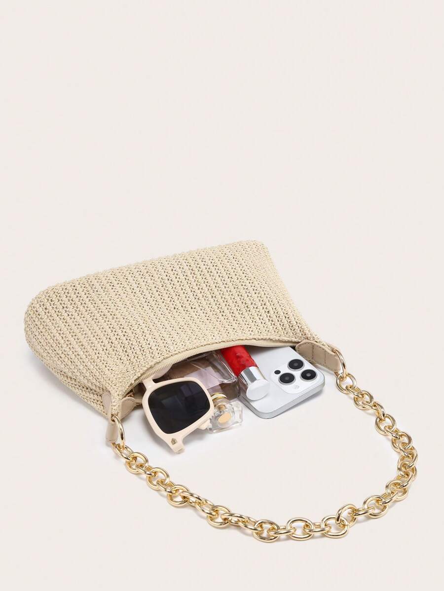 Dames Glamoureuze Zomer Rieten Tas | Klein, Met Gouden Ketting