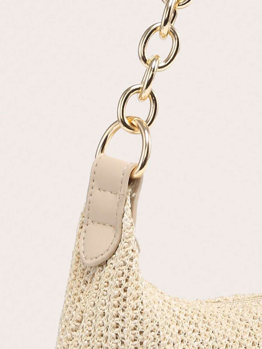 Dames Glamoureuze Zomer Rieten Tas | Klein, Met Gouden Ketting