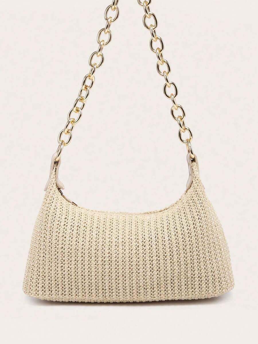 Dames Glamoureuze Zomer Rieten Tas | Klein, Met Gouden Ketting