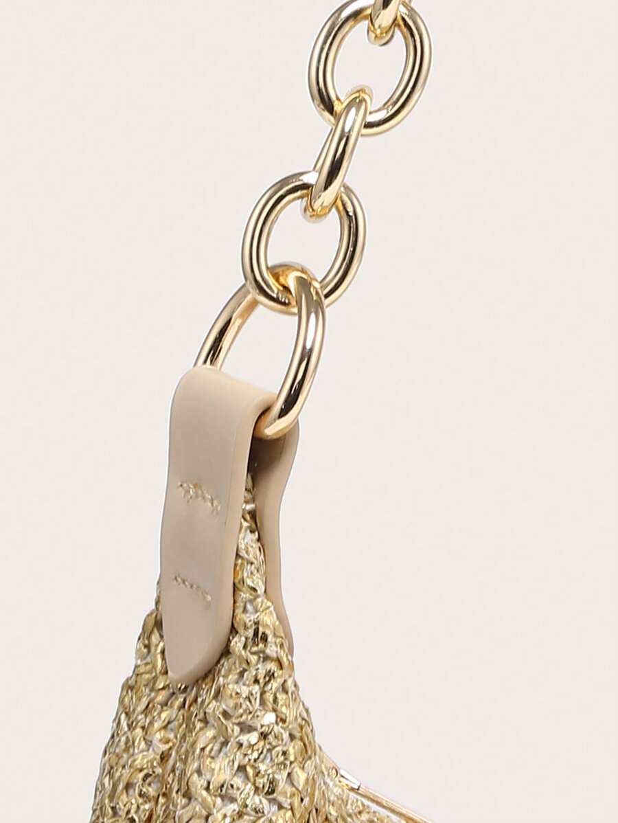 Dames Glamoureuze Zomer Rieten Tas | Klein, Met Gouden Ketting