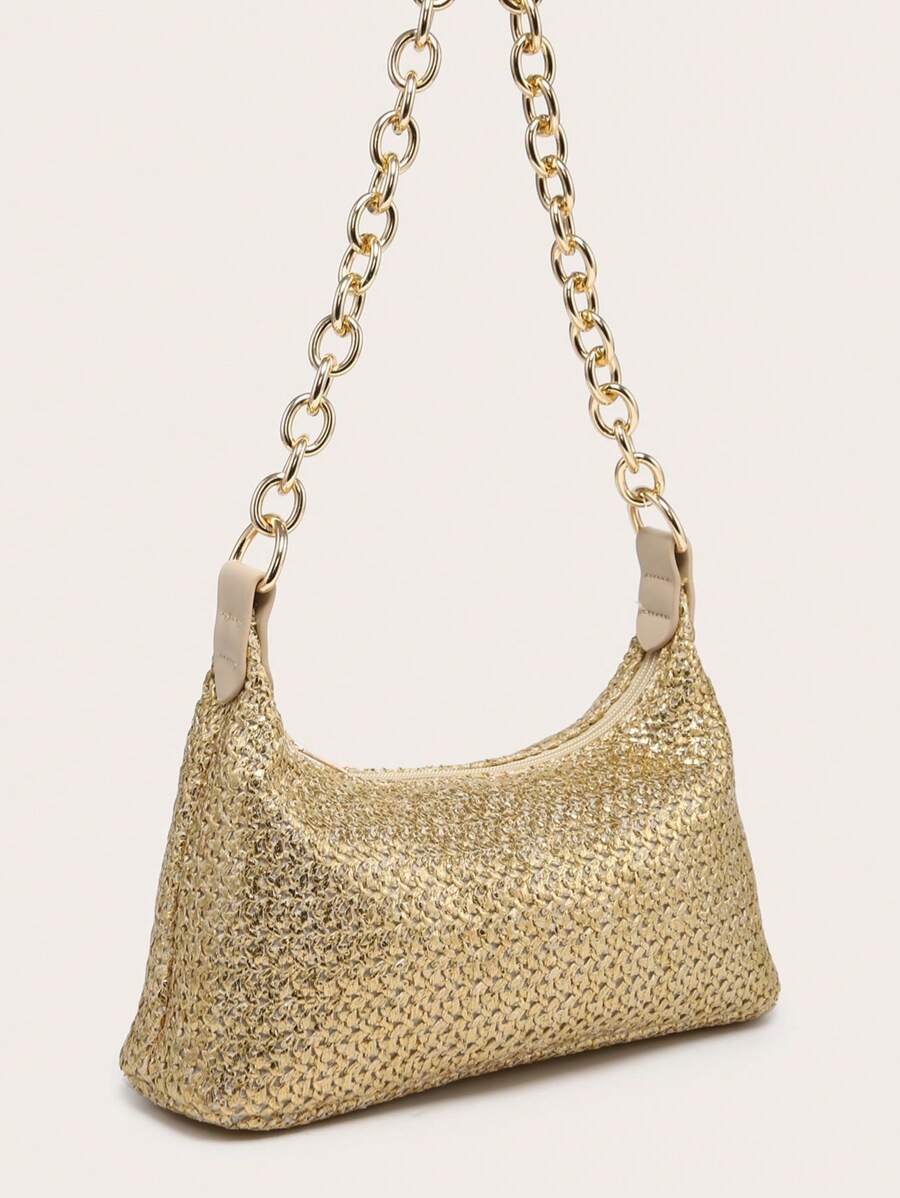 Dames Glamoureuze Zomer Rieten Tas | Klein, Met Gouden Ketting