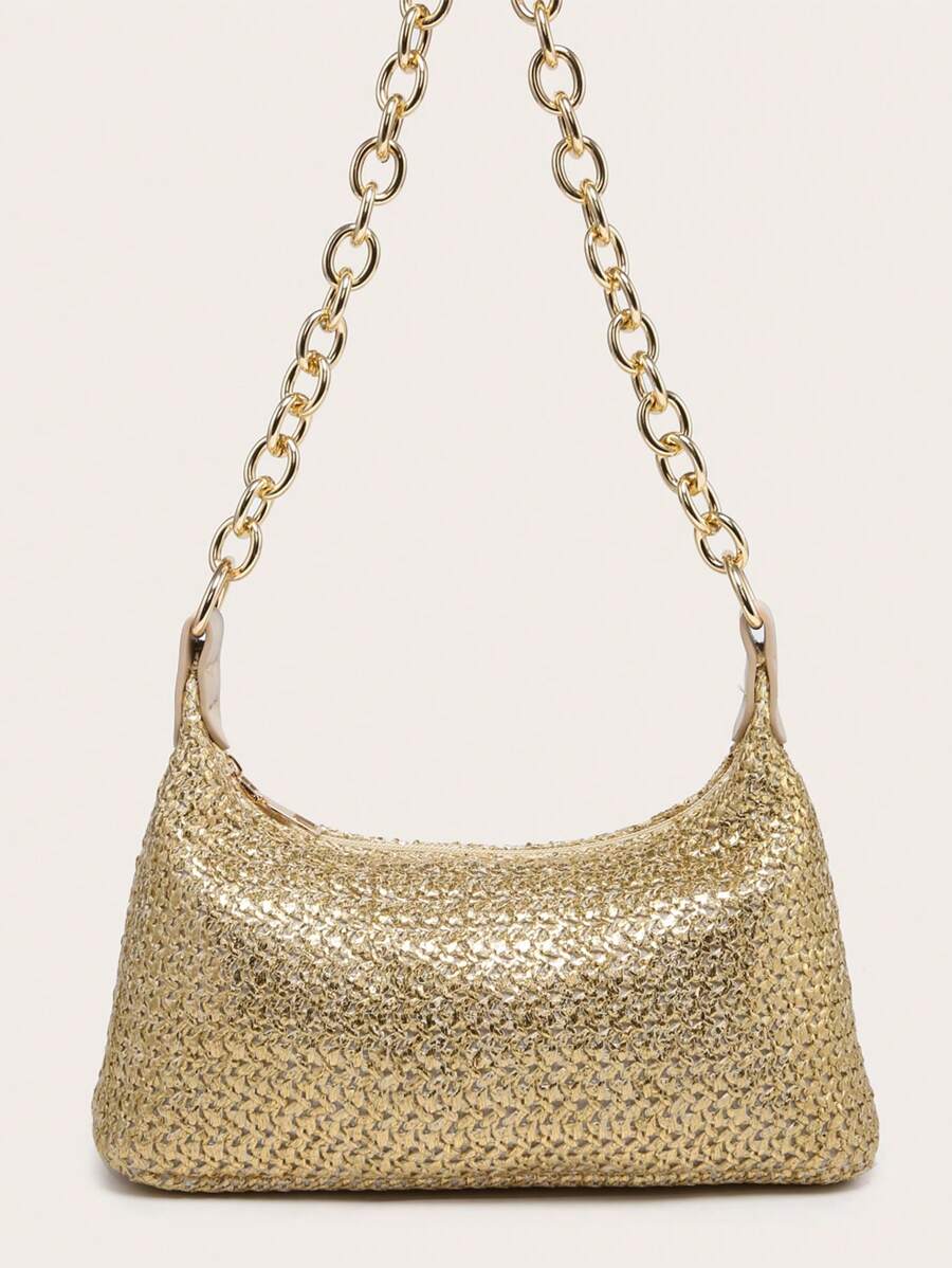 Dames Glamoureuze Zomer Rieten Tas | Klein, Met Gouden Ketting