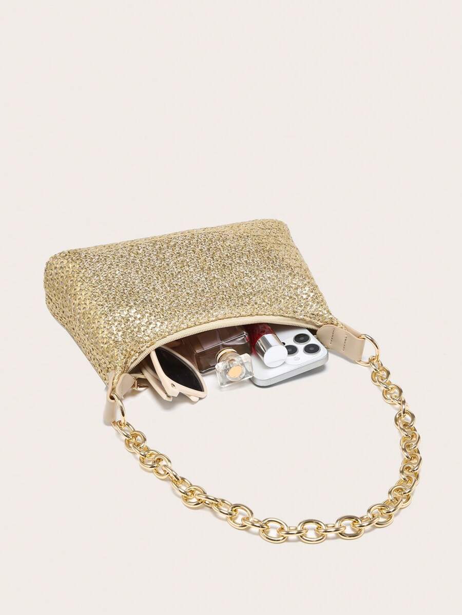 Dames Glamoureuze Zomer Rieten Tas | Klein, Met Gouden Ketting