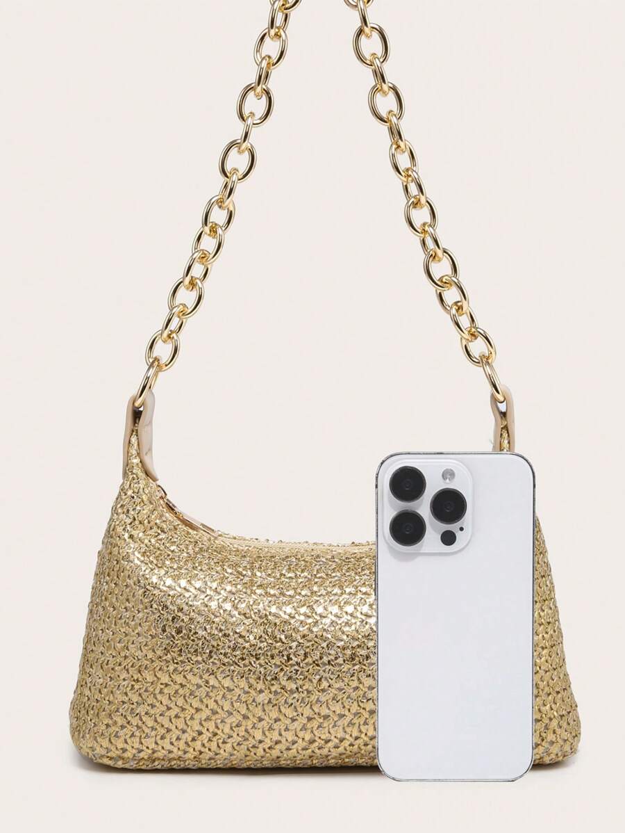 Dames Glamoureuze Zomer Rieten Tas | Klein, Met Gouden Ketting