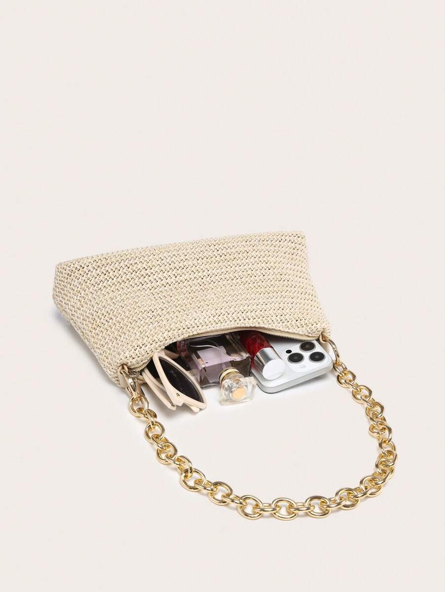 Dames Glamoureuze Zomer Rieten Tas | Klein, Met Gouden Ketting