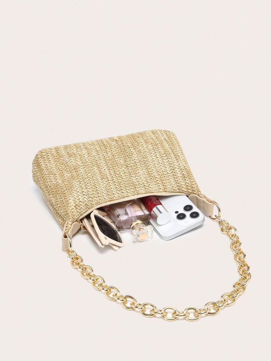 Dames Glamoureuze Zomer Rieten Tas | Klein, Met Gouden Ketting