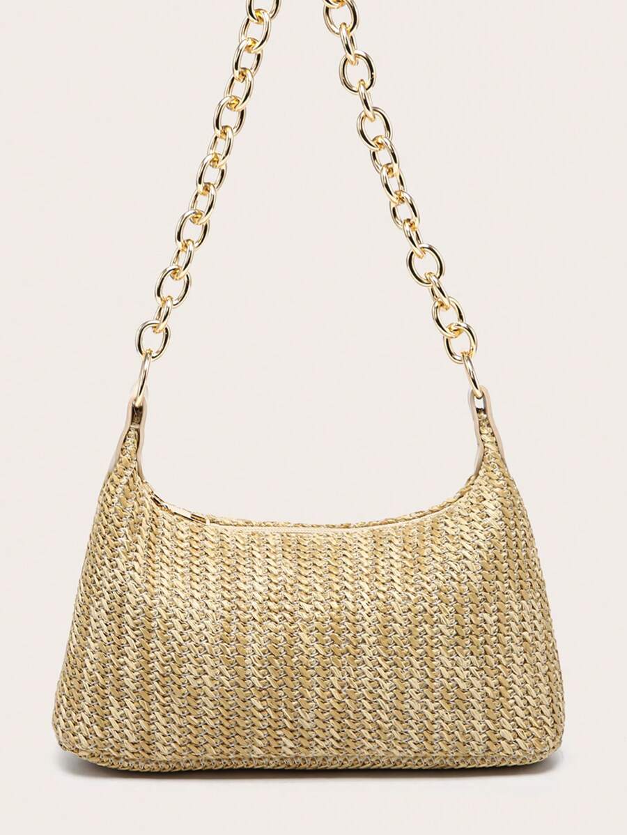 Dames Glamoureuze Zomer Rieten Tas | Klein, Met Gouden Ketting