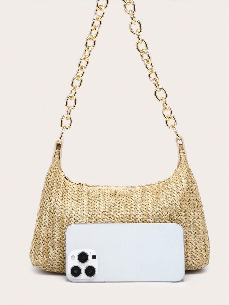 Dames Glamoureuze Zomer Rieten Tas | Klein, Met Gouden Ketting