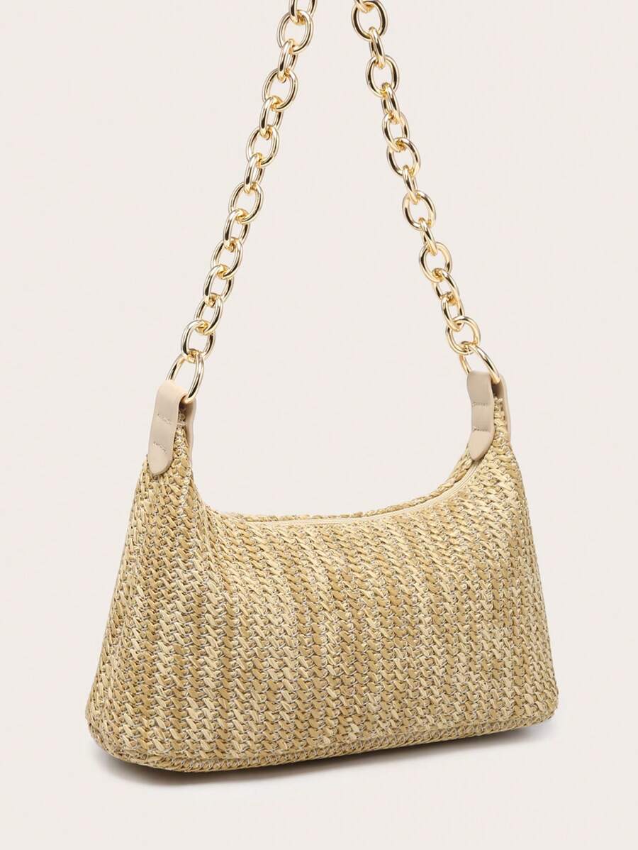 Dames Glamoureuze Zomer Rieten Tas | Klein, Met Gouden Ketting