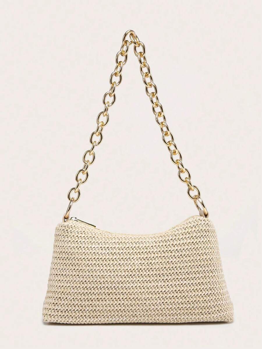 Dames Glamoureuze Zomer Rieten Tas | Klein, Met Gouden Ketting