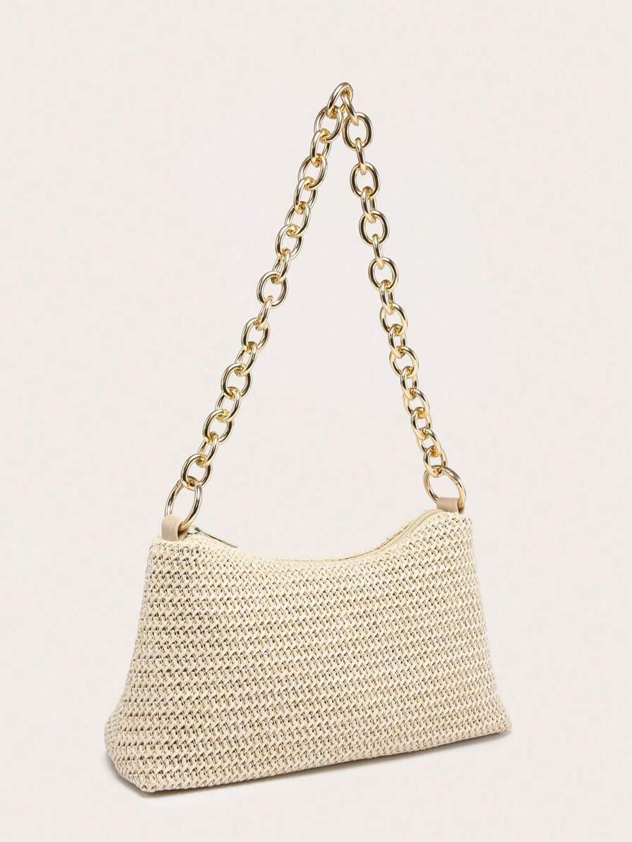 Dames Glamoureuze Zomer Rieten Tas | Klein, Met Gouden Ketting
