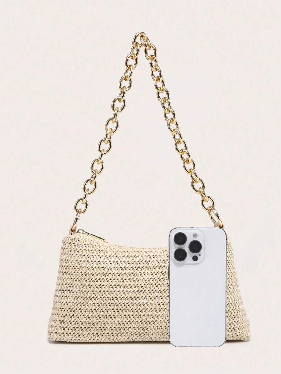 Dames Glamoureuze Zomer Rieten Tas | Klein, Met Gouden Ketting