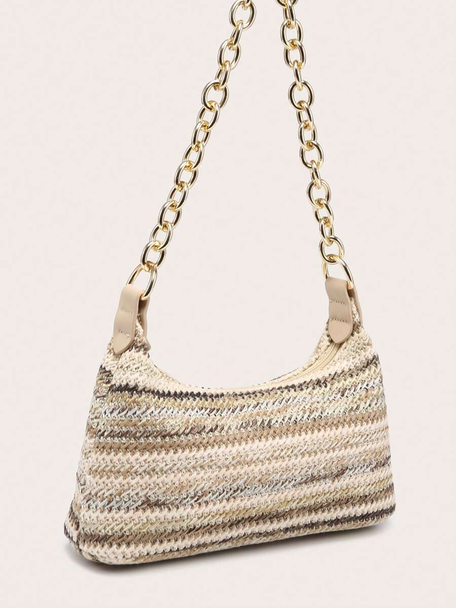 Dames Glamoureuze Zomer Rieten Tas | Klein, Met Gouden Ketting