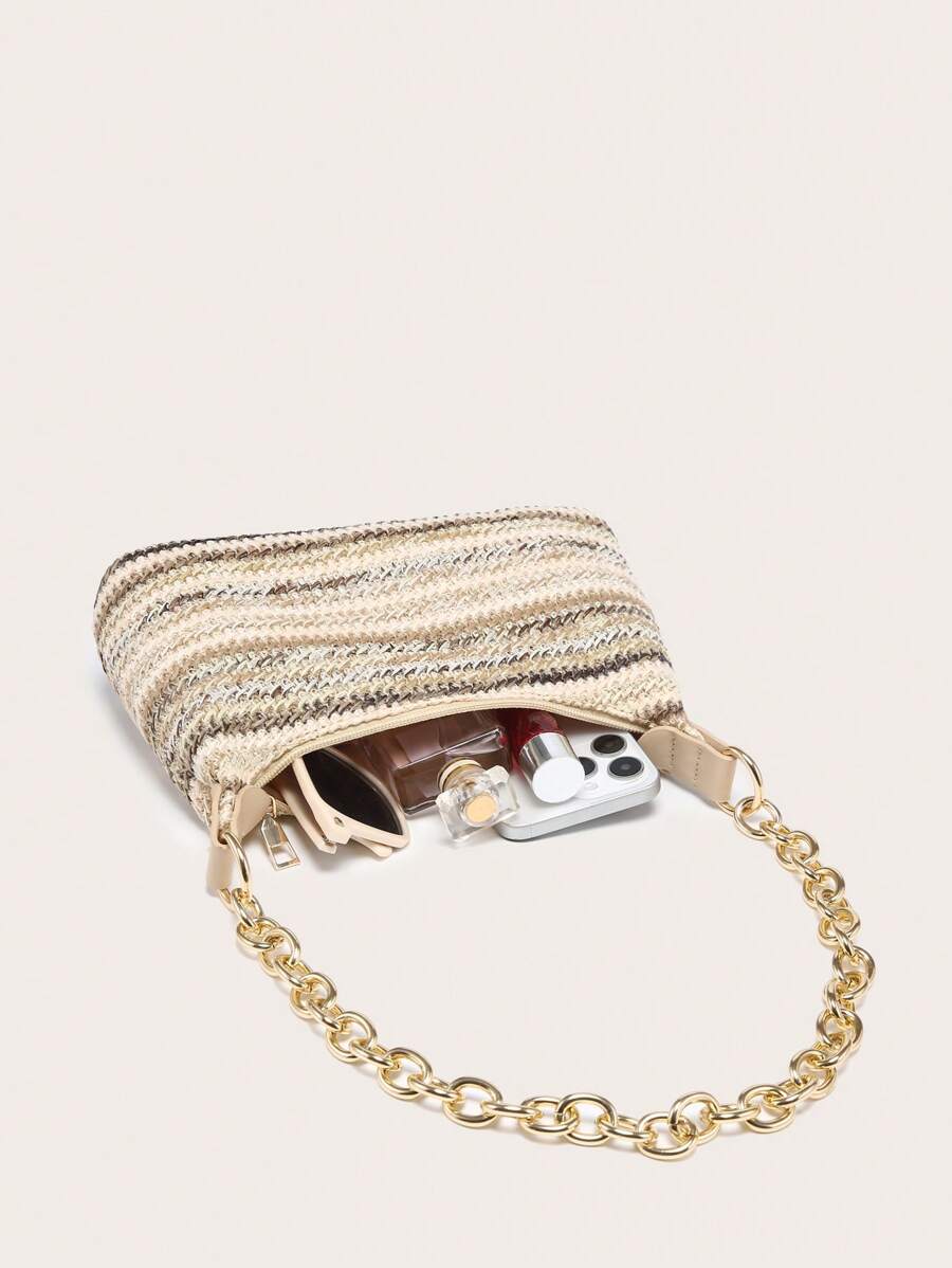 Dames Glamoureuze Zomer Rieten Tas | Klein, Met Gouden Ketting