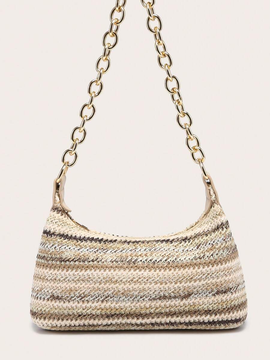 Dames Glamoureuze Zomer Rieten Tas | Klein, Met Gouden Ketting