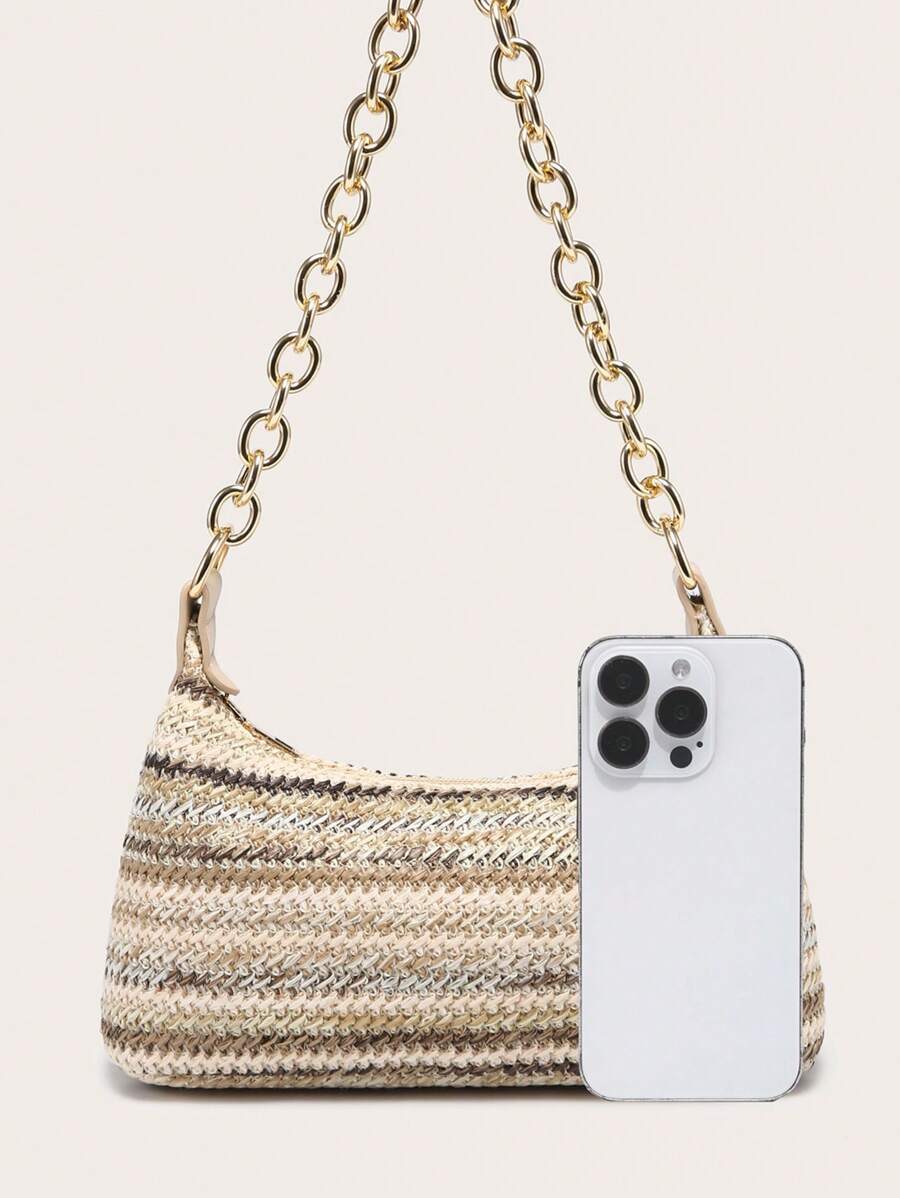 Dames Glamoureuze Zomer Rieten Tas | Klein, Met Gouden Ketting