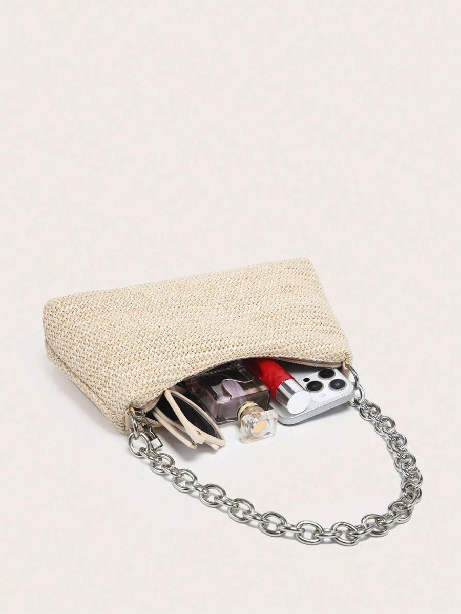 Dames Glamoureuze Zomer Rieten Tas | Klein, Met Gouden Ketting