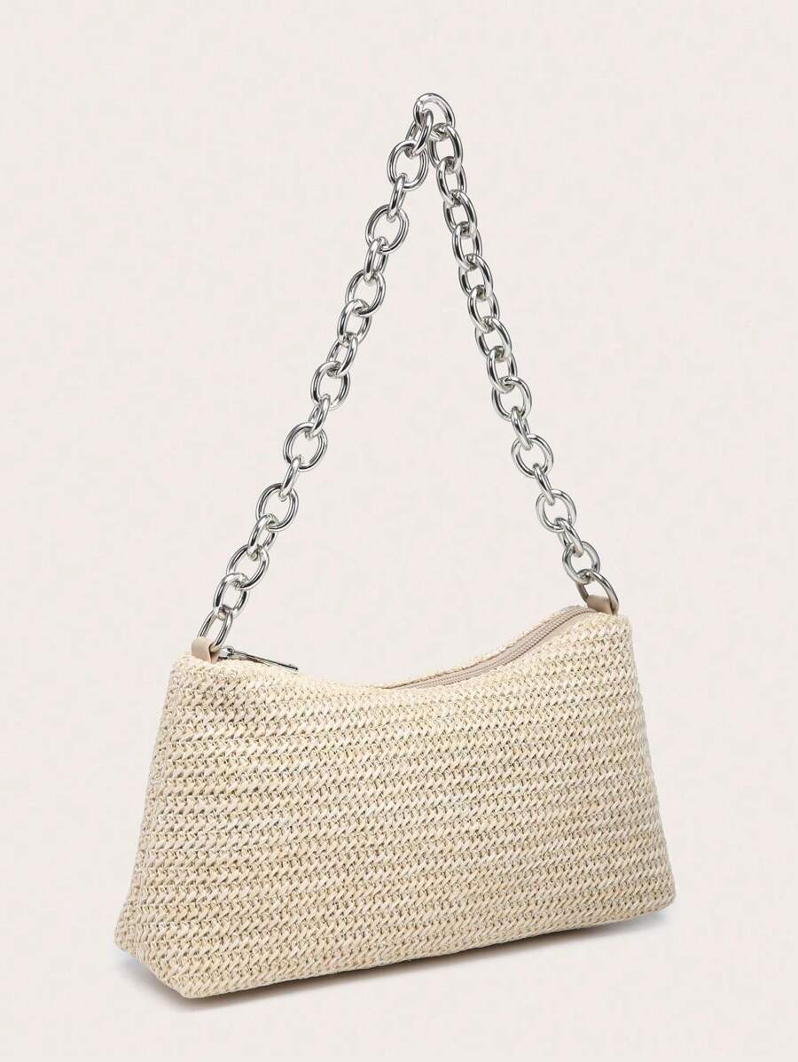 Dames Glamoureuze Zomer Rieten Tas | Klein, Met Gouden Ketting