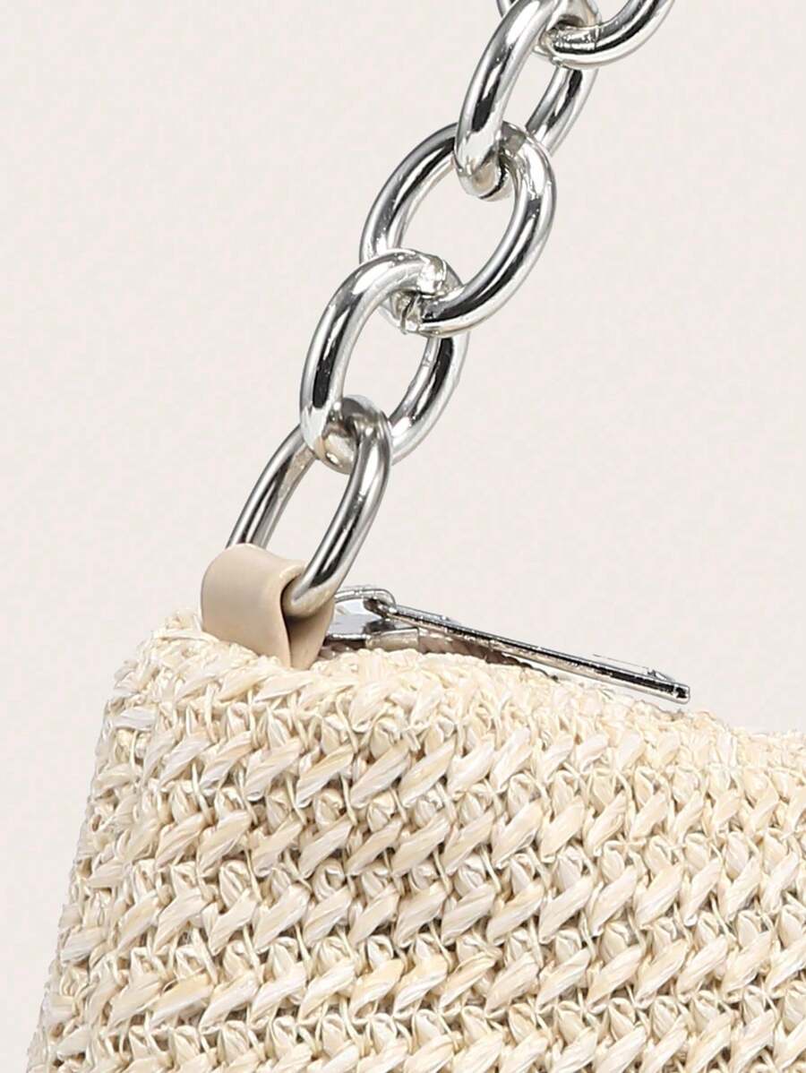 Dames Glamoureuze Zomer Rieten Tas | Klein, Met Gouden Ketting