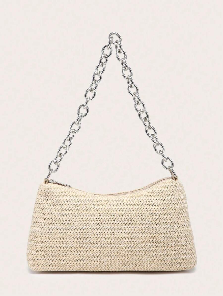 Dames Glamoureuze Zomer Rieten Tas | Klein, Met Gouden Ketting