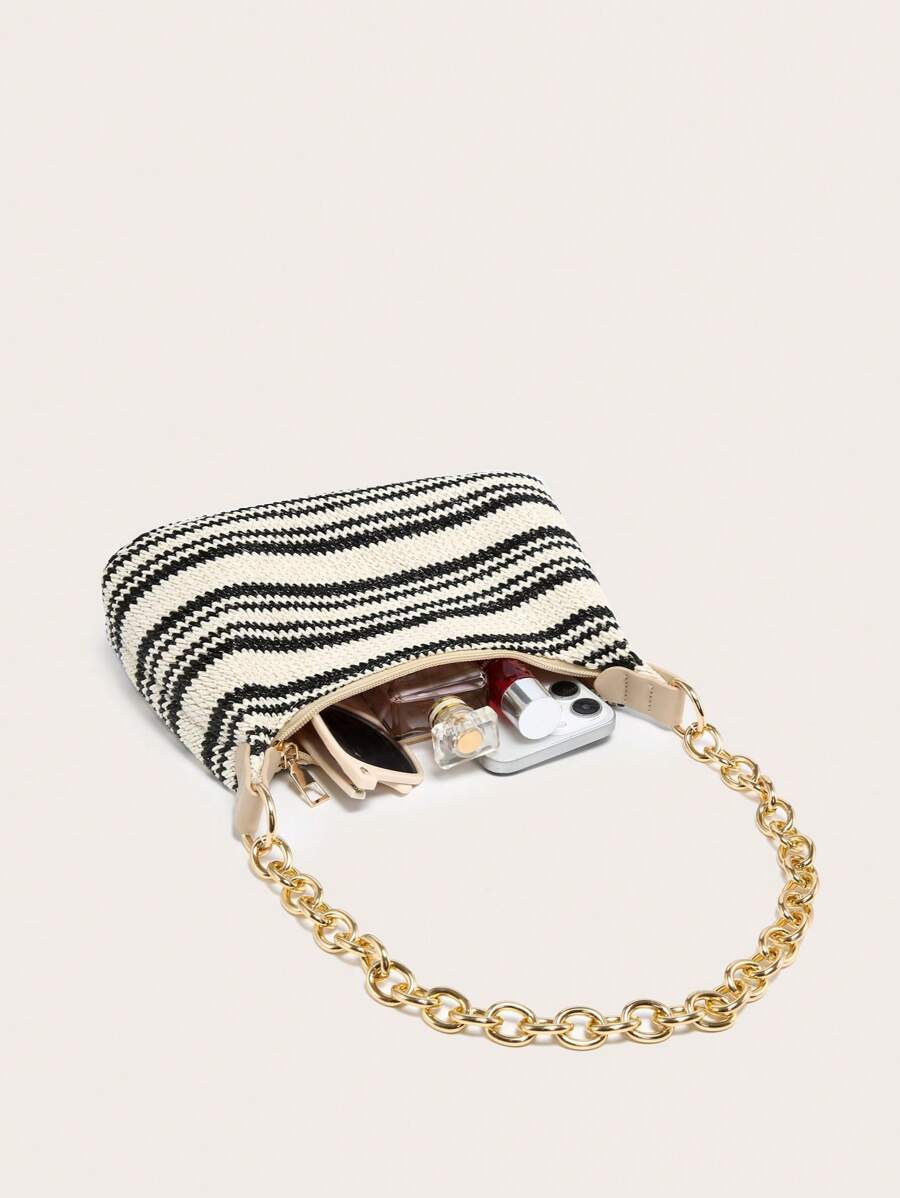 Dames Glamoureuze Zomer Rieten Tas | Klein, Met Gouden Ketting