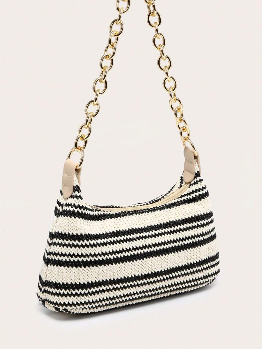 Dames Glamoureuze Zomer Rieten Tas | Klein, Met Gouden Ketting