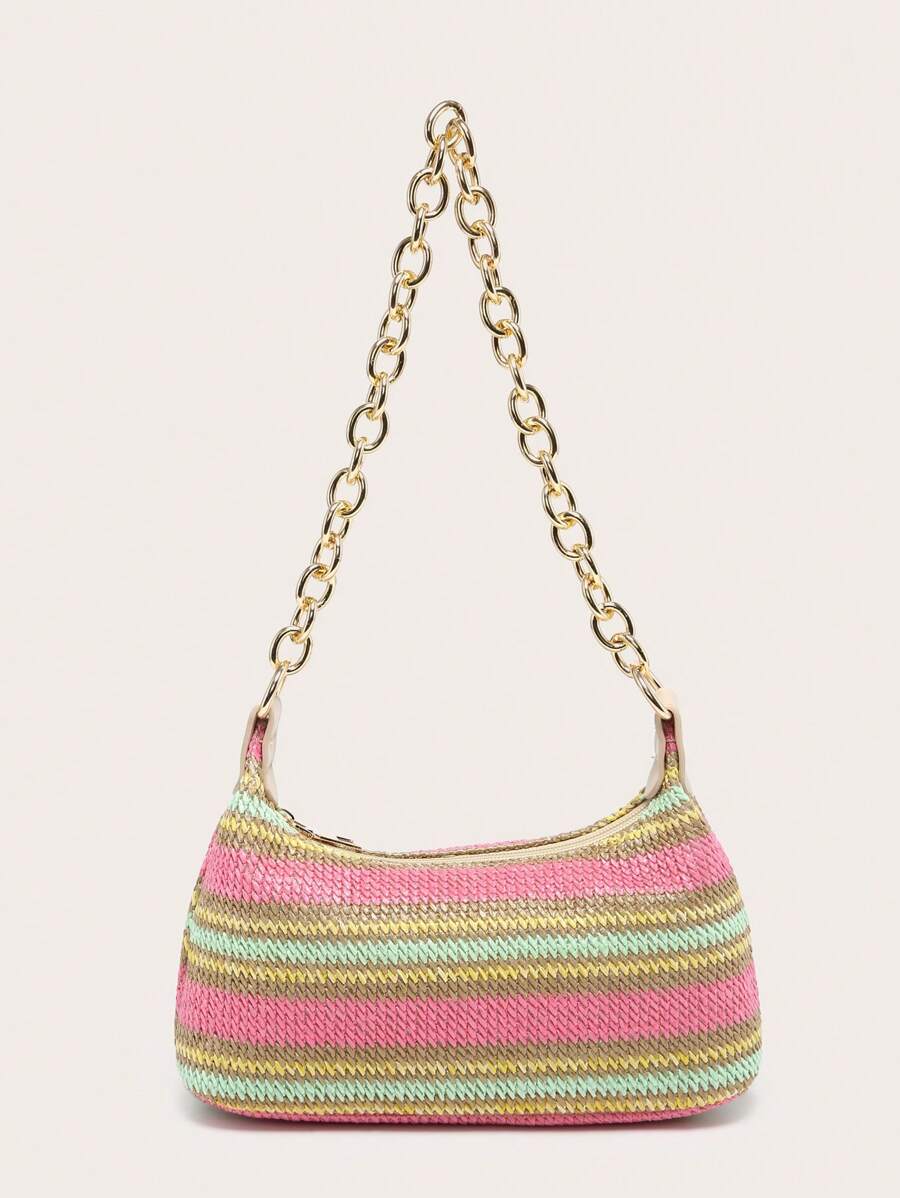 Dames Glamoureuze Zomer Rieten Tas | Klein, Met Gouden Ketting