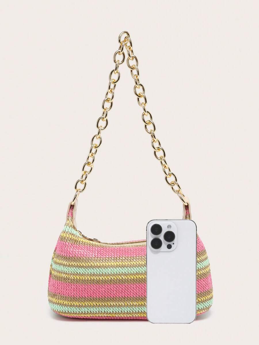 Dames Glamoureuze Zomer Rieten Tas | Klein, Met Gouden Ketting