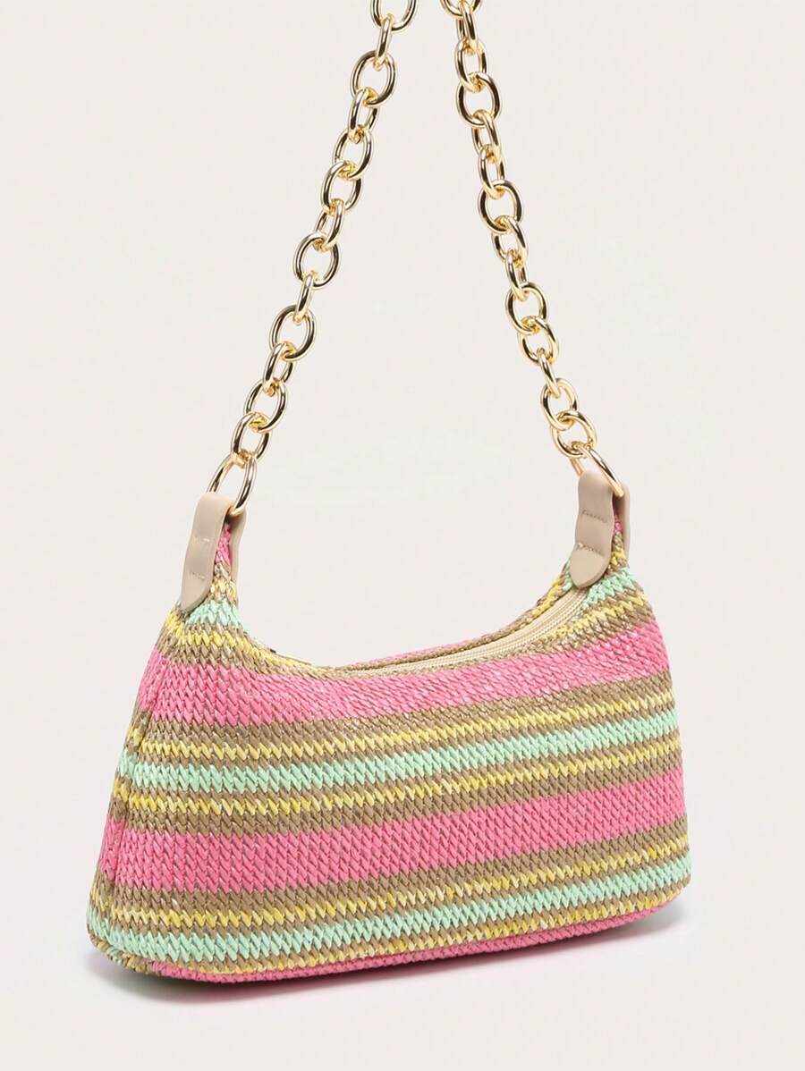 Dames Glamoureuze Zomer Rieten Tas | Klein, Met Gouden Ketting