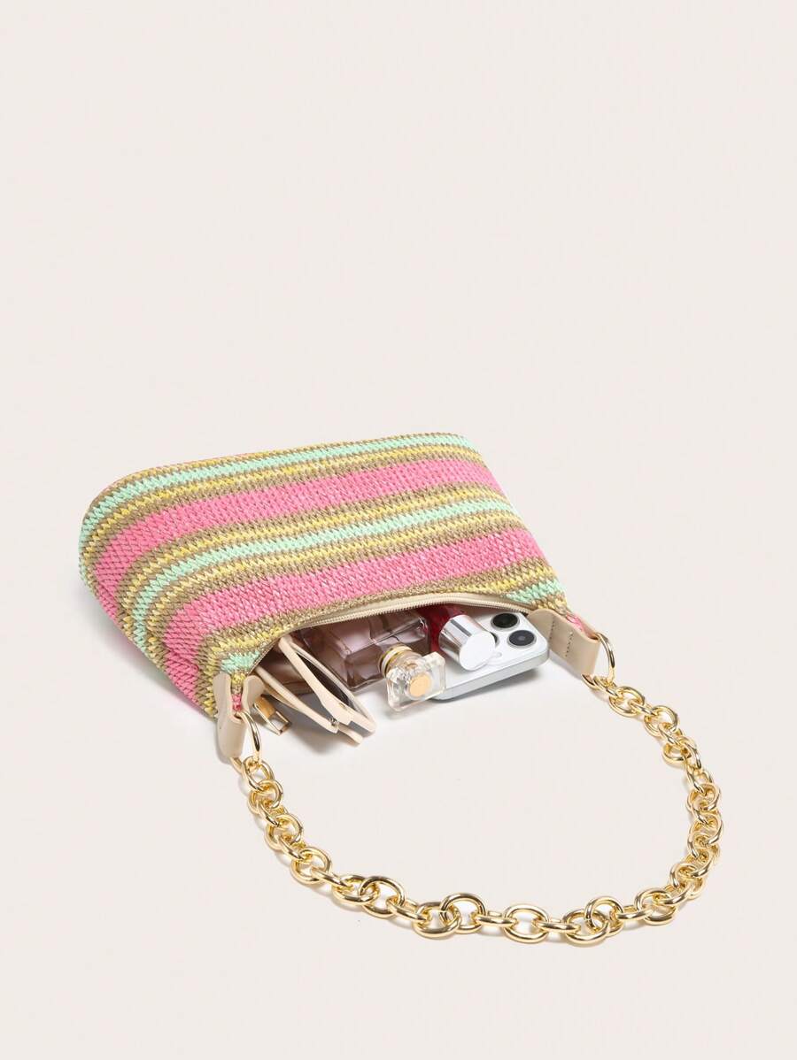 Dames Glamoureuze Zomer Rieten Tas | Klein, Met Gouden Ketting