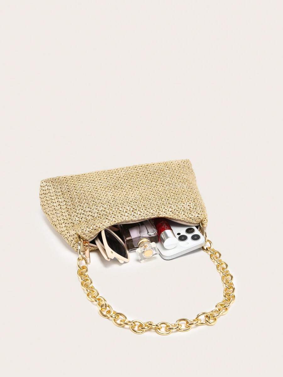 Dames Glamoureuze Zomer Rieten Tas | Klein, Met Gouden Ketting