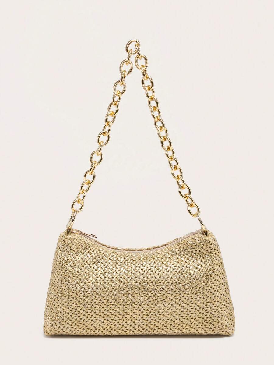 Dames Glamoureuze Zomer Rieten Tas | Klein, Met Gouden Ketting