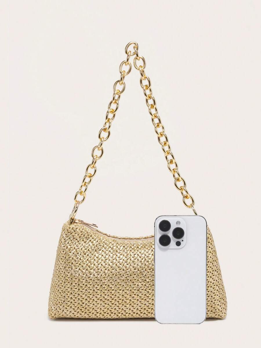 Dames Glamoureuze Zomer Rieten Tas | Klein, Met Gouden Ketting