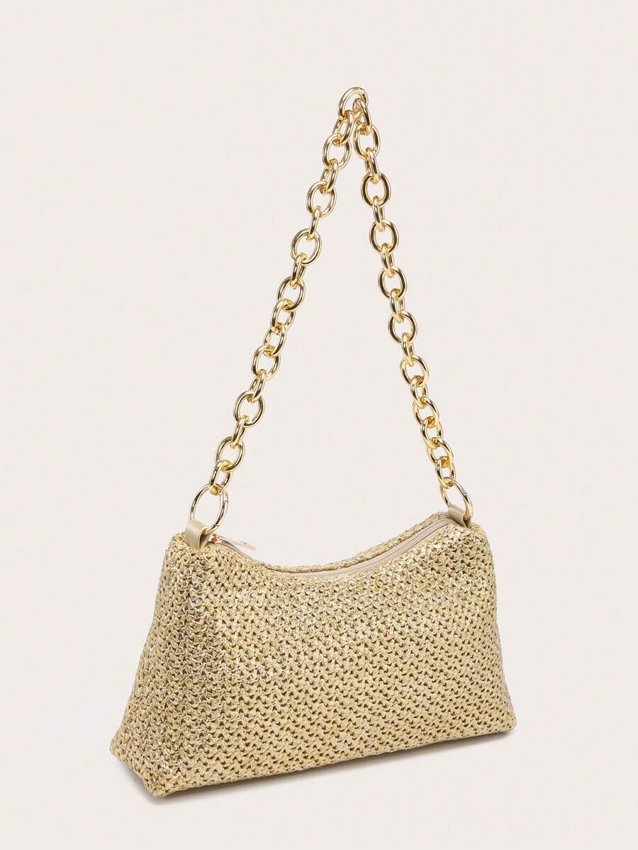 Dames Glamoureuze Zomer Rieten Tas | Klein, Met Gouden Ketting