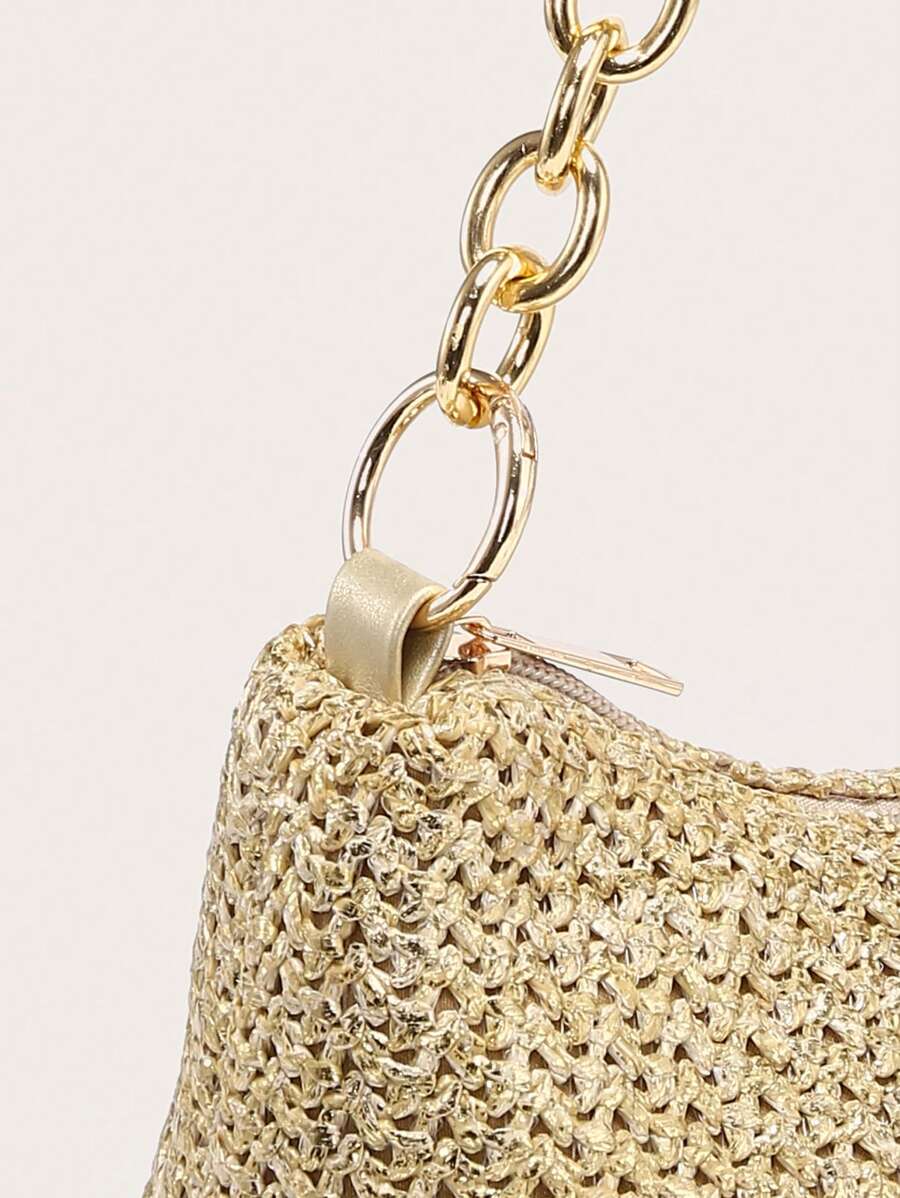 Dames Glamoureuze Zomer Rieten Tas | Klein, Met Gouden Ketting