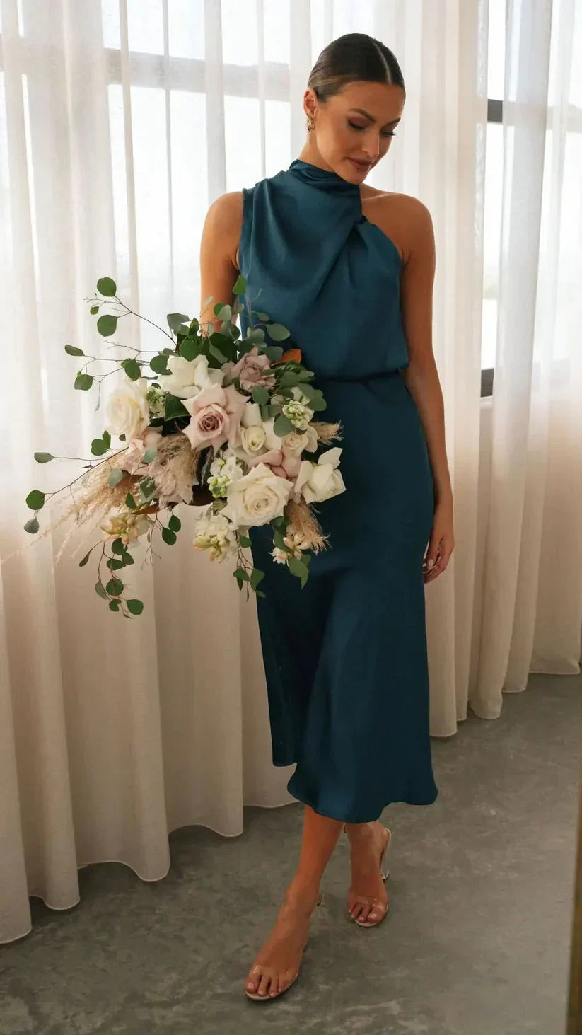 Dames Elegante satijnen avondjurk | Midi